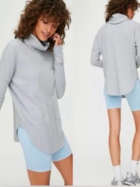 TNA Light Gray Cowl Turtleneck Neck Thermal Waffle Sweater Long Sleeve Tee